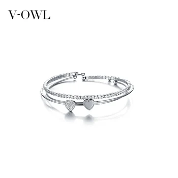 

V-Owl Silver Color Three-Layer Heart-Shaped Open Bracelet Cute Korean-Style Zircon Stainless Steel Bracelet Hand Jewelry