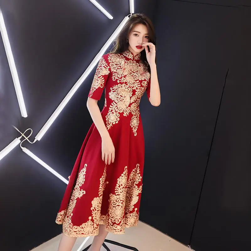 Темно-красные вечерние Длинные Cheongsam ретро Тонкое платье свадебное платье китайский стиль свадебное Qipao Дамская одежда Vestido XS-3XL - Цвет: Dark Red - C