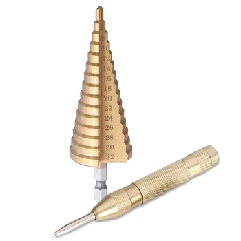 

4-32mm Hexagon Shank Titanuim Coated HSS Step Drill Bit with Automatic Center Pin Punch