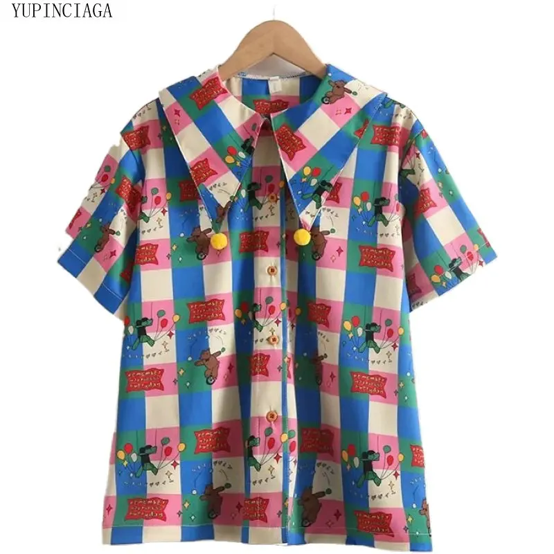 Womens Tops And Blouses 2020 Summer New Retro Cartoon Print Short Sleeve Turn-down Collar Female Blouse Plaid Cotton Shirt | Женская