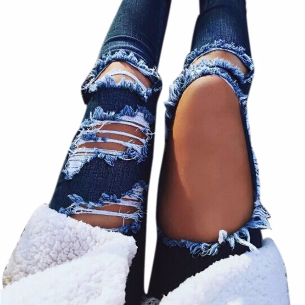 

Sexy Women Women Casual Denim Ripped Long Pants Mid Waist Jeans Slim Trousers S New Clothes For Summer 2020 Vestido #RH