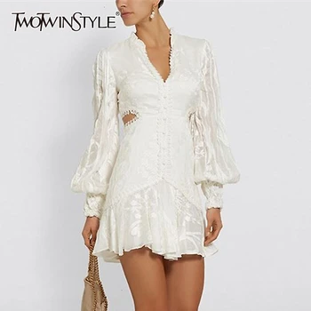 

TWOTWINSTYLE Vintage Patchwork Ruffle Hollow Out Dresses For Women V Neck Lantern Long Sleeve Waist High Print Dress Female Tide