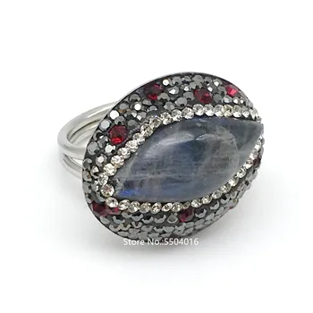 

Unique Design Natural Labradorite Gem stone Big Round Eye Shape Rings Circle Rhinestone Adjustable Opening Rings Fashion Jewelry