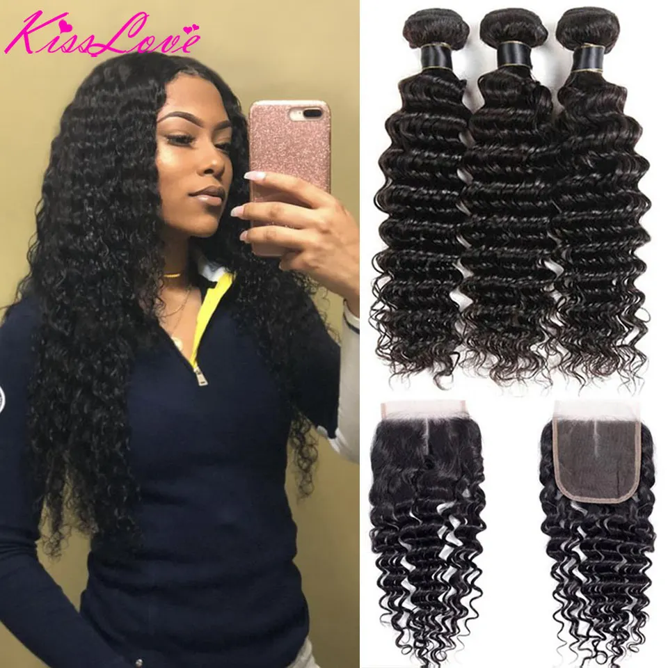  Kiss Love Brazilian Hair Deep Wave Bundles with Closure Human Hair Weave 3 Bundles with Lace Closur