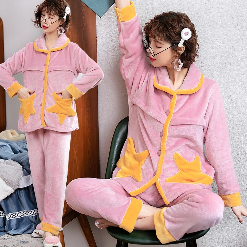 Набор пижам для беременных женщин, зимняя фланелевая одежда для грудного вскармливания,, теплый утолщенный пижамный комплект для беременных - Цвет: RYT hanyishi5013fen