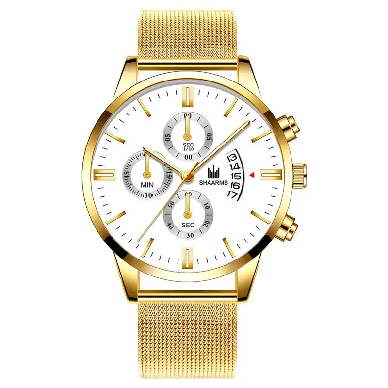 Роскошные мужские кварцевые часы с сетчатым ремешком из нержавеющей стали аналоговые наручные часы с отметкой даты Модные Военные Спортивные деловые часы Reloj Hombre - Color: F
