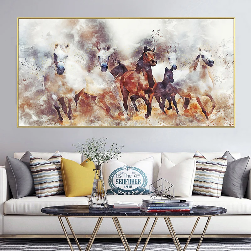 

Running Horses Herd Canvas Art Prints Poster Abstract Painting on Wall Decor Watercolour Animal Picture for Modern Living Room