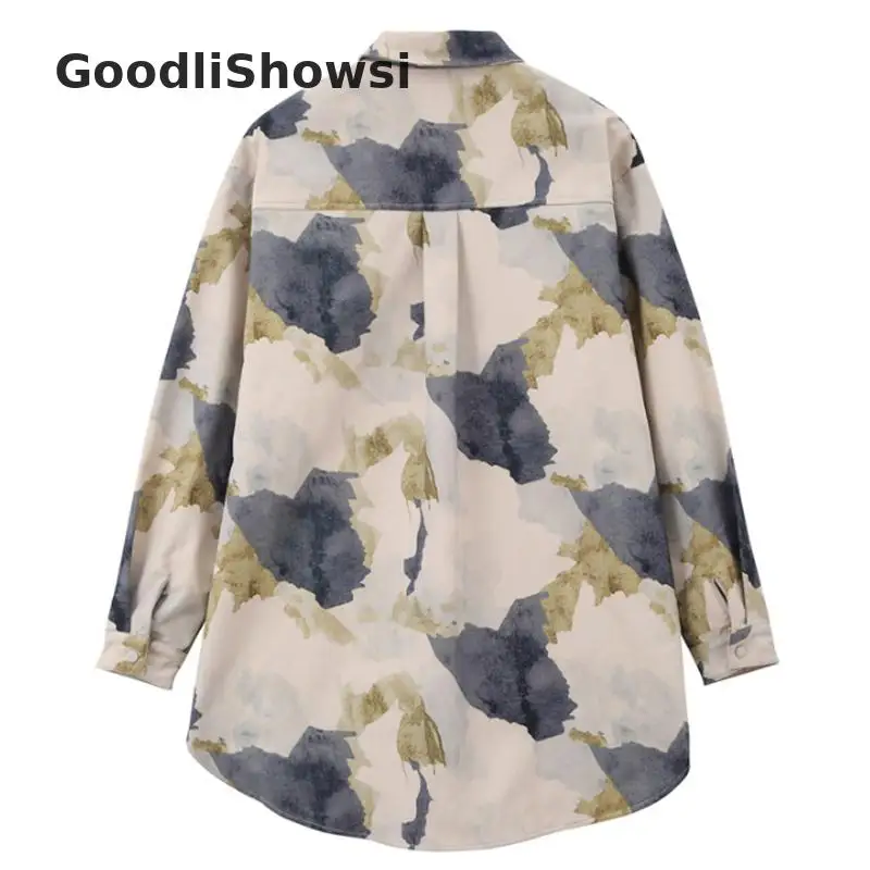 GoodliShowsi, Новое поступление, уличные, шикарные, женские, ассиметричные рубашки, Ретро стиль, с принтом брызг чернил, с отложным воротником, свободные, термо рубашки