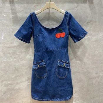 

Luxury Brand Denim Mini Dress Cherry Embroidered Women O-neck Halter 2020 Summer Style Distressed Backless Short-sleeved Dresses