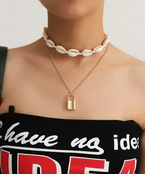 

Ornament Simple Beach Handmade Necklace Women's Ethnic-Style Mix and Match Shell Lock Double Layer Necklace