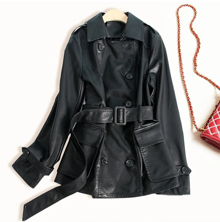 

New Designer Fashion Faux Leather PU Jacket Women Autumn Winter Turn-down Collar Double Breasted Slim Black Leather Coats
