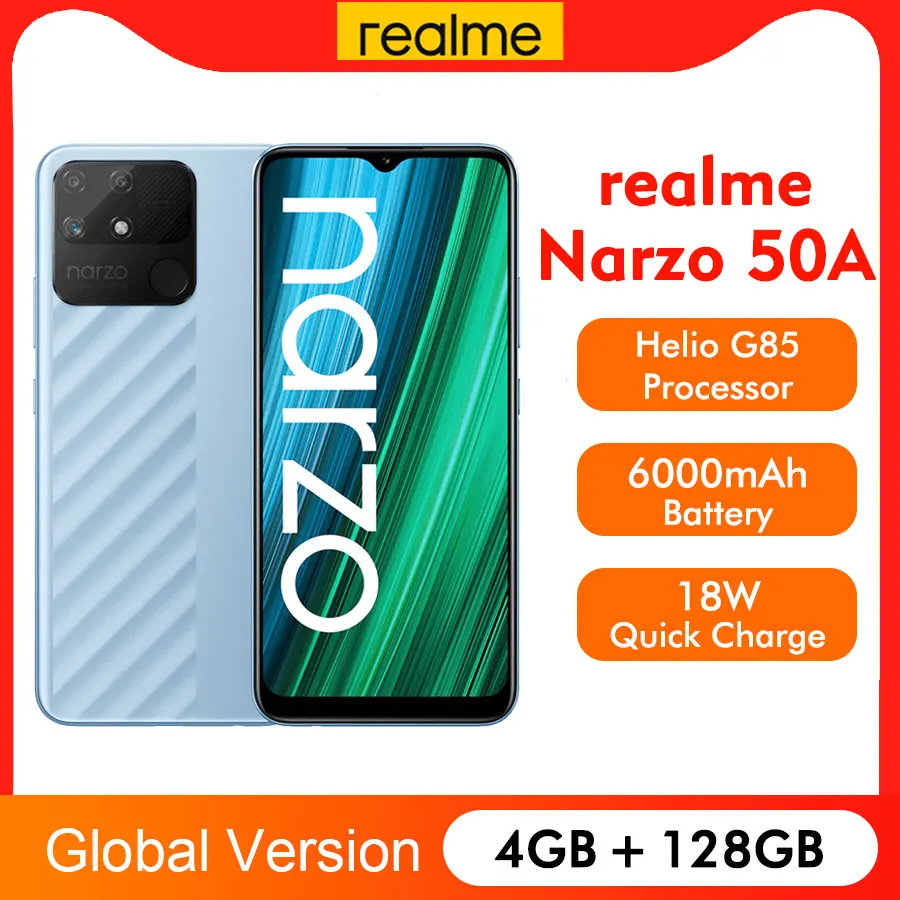 Глобальная версия realme narzo 50A 6 5 дюйма 4 + 128 ГБ 6000 мА батарея процессор Helio G85 AI-камера
