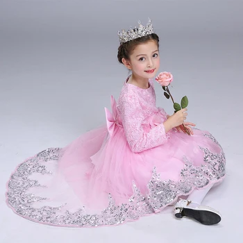 

Lace Flower Girl Birthday Banquet Party with Tail Dresses New Style Children's Princess Campus Graduation Ball Gown Dresses