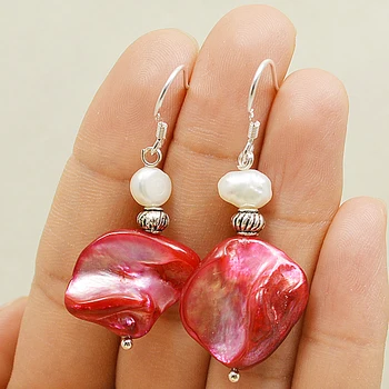 

White pearl earrings baroque genuine freshwater pearl red shell silver ball beads 925 silver dangle earrings for women