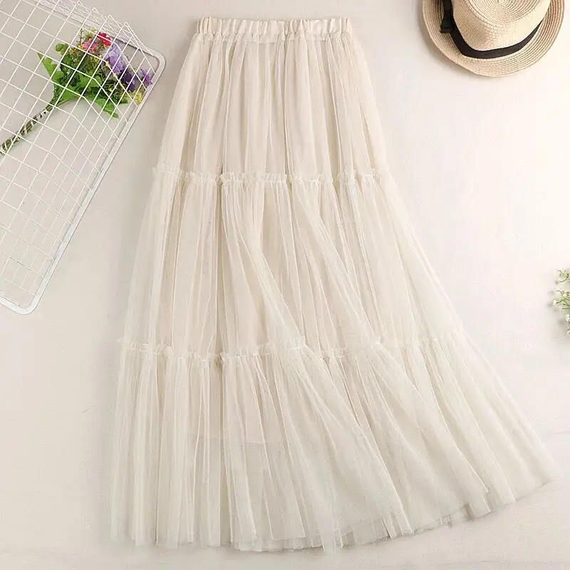 beige skirt Длинная Тюлевая юбка Faldas Mujer Moda 3 слоя эластичный Высокая талия в Корейском стиле юбки с оборкой женские элегантные розовые плиссированные юбки Осенняя юбка - Цвет: beige skirt