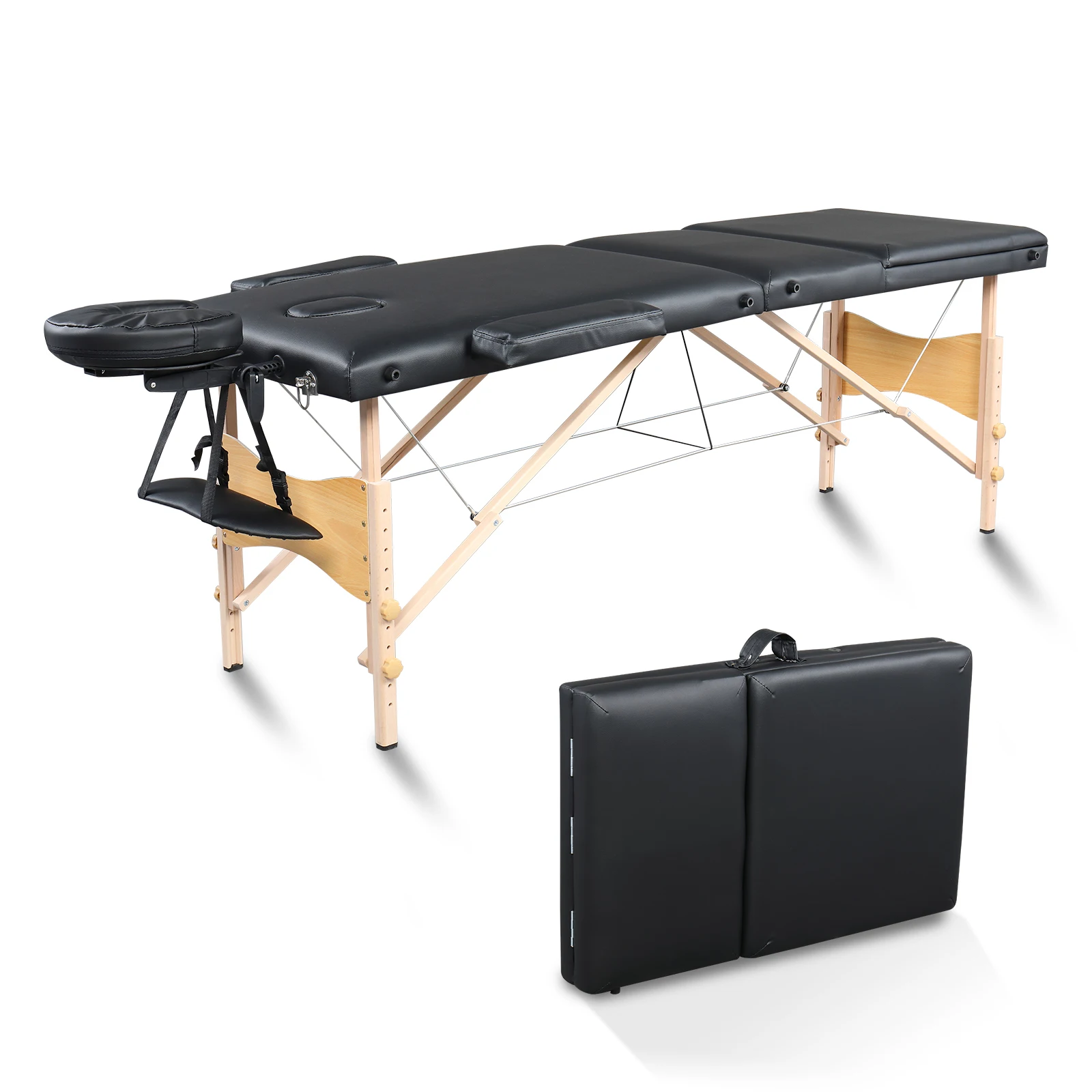 

3 Sections Folding Portable Massage Table Beech Leg Beauty 84 Inch Long 60CM Wide Adjustable Height Massage Bed Black[US-W]