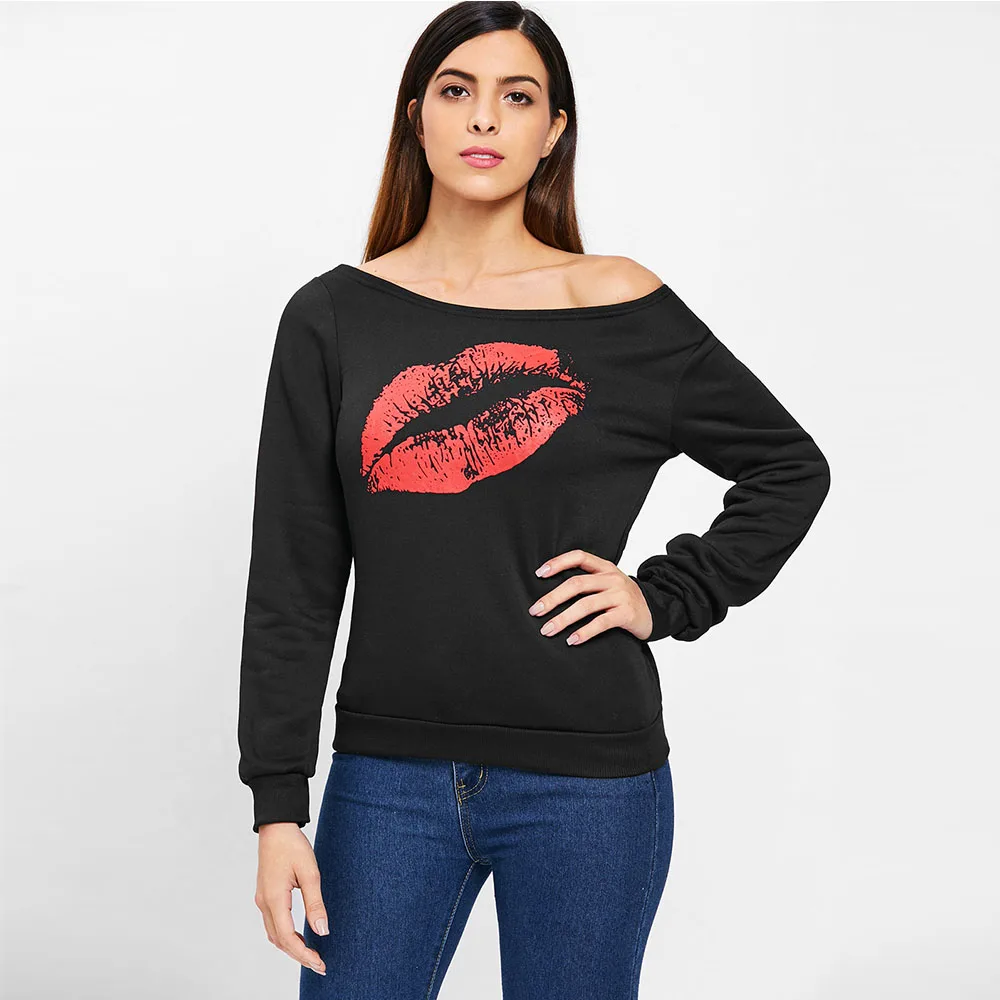 

fashion Skew Collar Lip Print Sweatshirt Women Casual Hoodies Tops Slash Neck Sexy Pullovers 2019 Autumn Hoodies Streetwear