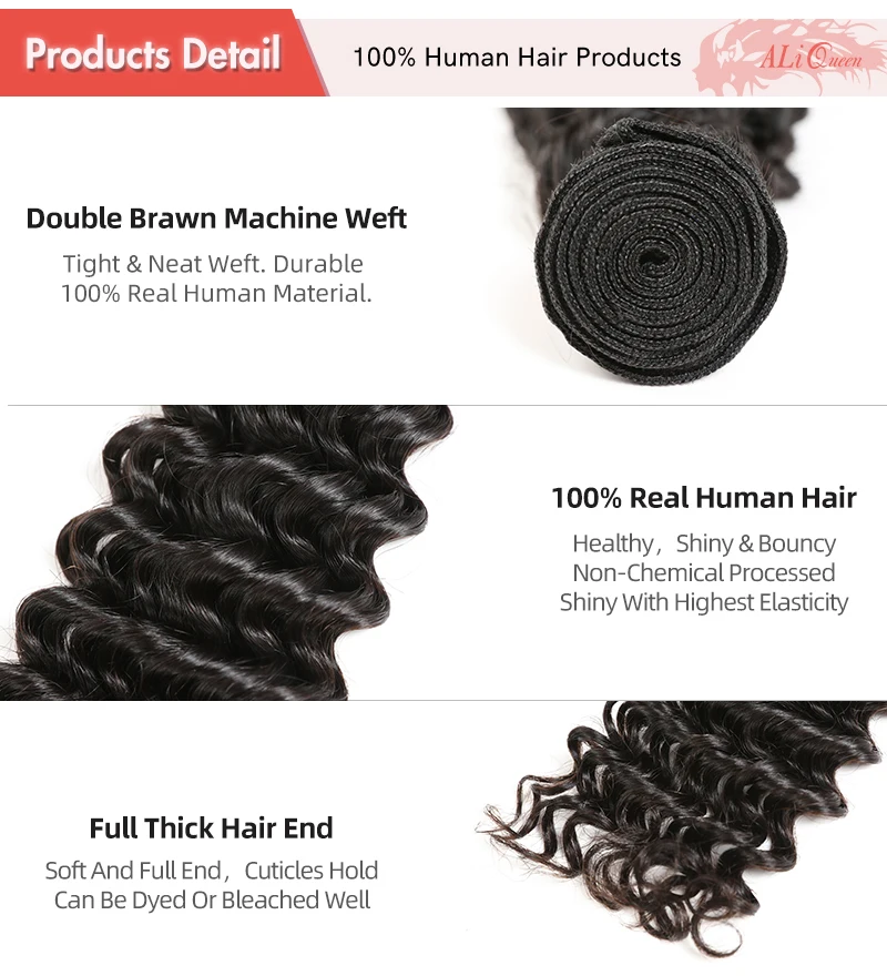 Pacotes de Cabelo Humano com Laço Rainha Cabelo 4 Pçs Onda Profunda Brasileiro Virgem Frontal Cor Natural Pre-plucked13x4 Laço Ali 3 - 6 Pacotes com 3/4 com fecho