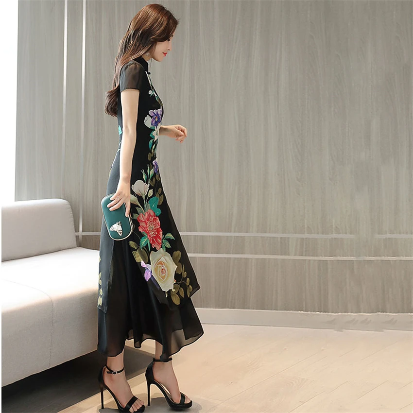 Классические новинки, Aodai, летнее, изящное, Цветочное платье для женщин, классическое, короткий рукав, длинное платье, Cheongsam, вечерние, Qipao, народный шифон