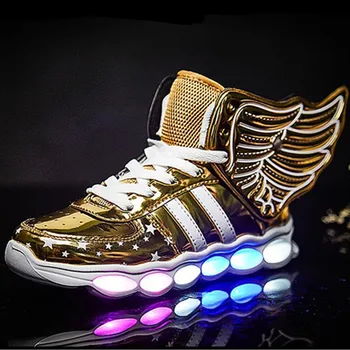 

Children's with Wing Lighted Shoes Fashion Leather High Top Board Shoes USB Charging Kids Sneakers Boys Girls LED Luminous Shoes
