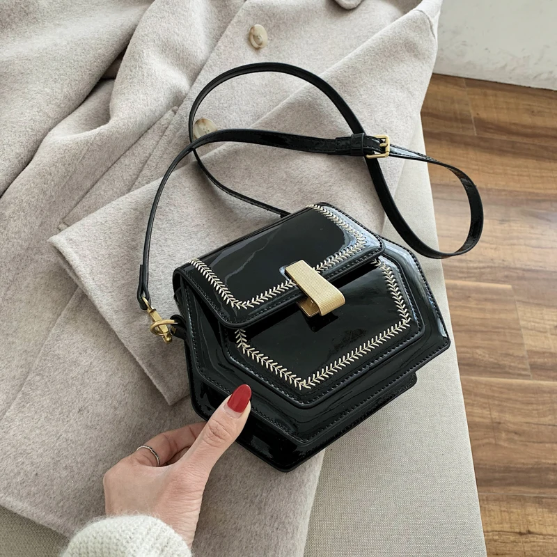 New 2020 Hexagon Patent Leather Crossbody Bags For Women Mini Shoulder Messenger Bag Female Handbags Purses Small handbag black | Багаж и