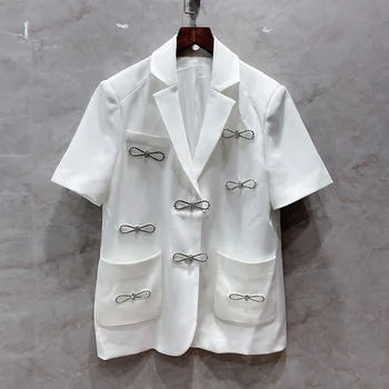 

Luxury Brand Diamond Chain Bow Suit Coat 2020 Early Autumn New Casual Blazer Lady Short Sleeve Notched Single Breasted Coats New