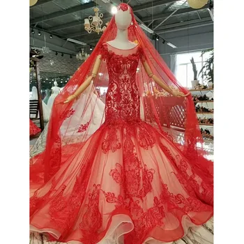 

BGW 31118ht Red Vintage Mermaid Bride Wedding Party Dress O-neck Short Sleeves Trumpet Bridal Dress For Wedding With Tulle Veil