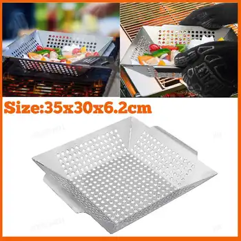 

Stainless Steel Square Grill Tray With Perforated Portable Grill Tray Outdoor Picnic Garden Barbecue Tool Reusable Vegetable Pan