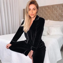 HECHAN Black Velvet Pajamas Women Thick Long Sleeve Sleepwear Warm Two Piece Set Nightwear Solid Home Suit Sets Casual Pajama