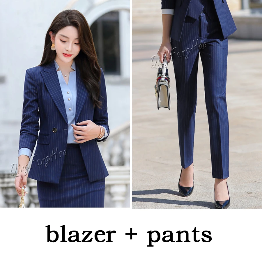 blue pants set Осень и зима профессиональный женский полосатый костюм с длинными рукавами брюки или юбка костюм Корейская OL Рабочая одежда - Цвет: blue pants set