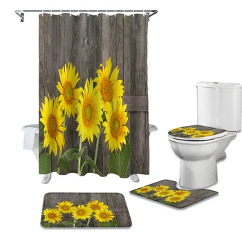

Sunflower Wood Board Shower Curtains Set Bath Mat Set Toilet Cover Waterproof Shower Curtain Set Bath Mats Rugs