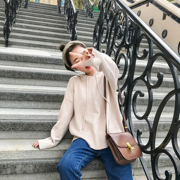Женский вязаный свитер Harajuku с капюшоном, длинный рукав, эластичные однотонные пуловеры, Женские повседневные шикарные топы, женская зимняя одежда