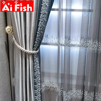 

French Luxury Embroidery Blue Beads Blackout Curtains for Living Room Pearls Sequins Curtain Tulle for Bedroom Customized M232#4