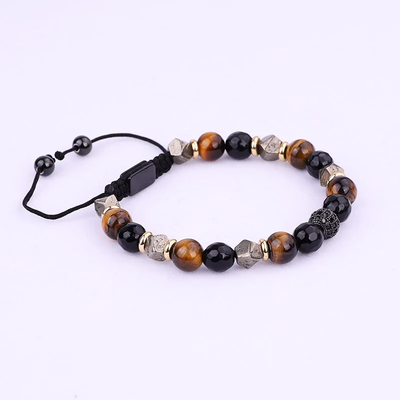 New Design Brown Tiger Eye Black Onyx Cubic Zironia Ball Beaded Macrame Adjustable Bracelet Men Jewelry Gift - Image 6