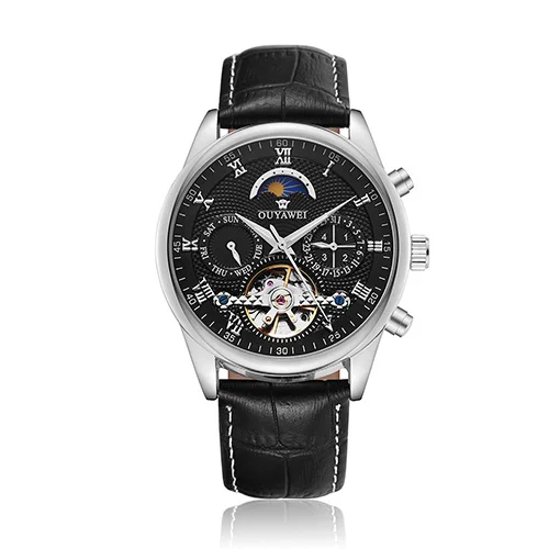 OUYAWEI Мужские автоматические механические часы Time Moon Phase display Классическая Роза Золотая Кожа механические ручные часы Reloj Hombre - Цвет: Silver Black