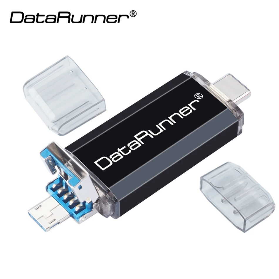 DataRunner OTG 3 в 1 USB флеш-накопитель USB3.0& type-C& Micro USB флеш-накопитель 32 Гб 64 Гб 128 ГБ 256 ГБ 512 ГБ Флешка для смартфона - Цвет: Черный