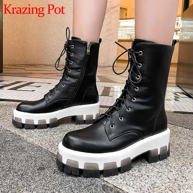 

krazing pot 2020 leisure European style genuine leather lace up round toe high heels thick bottom winter warm mid-calf boots L76