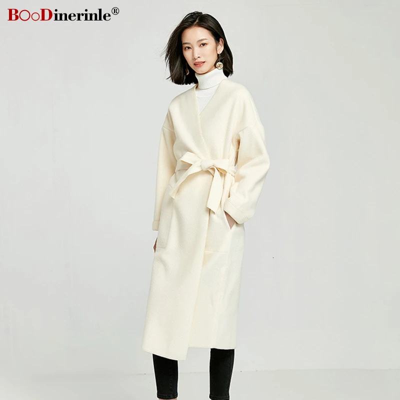 BOoDinerinle, Женское пальто, зимняя женская куртка, женское длинное шерстяное пальто с запахом, женское элегантное кокон с длинным рукавом и поясом, Свободное пальто