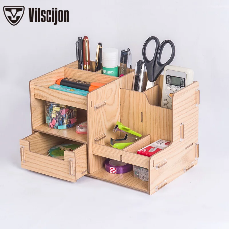 

Wood File Rack Multi-function Stationery Storage Box Student DIY Creative Partition Office Supplies Storage Box Vilscijon D2069