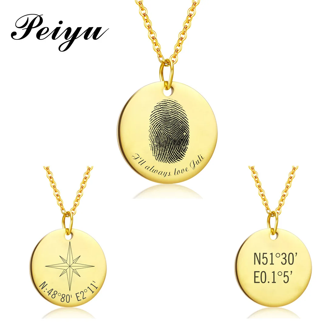 Personalized Fingerprint Necklace Coordinate Engraved Text Handwriting Custom Round Disc Charm Memorial Necklace Gift Jewelry