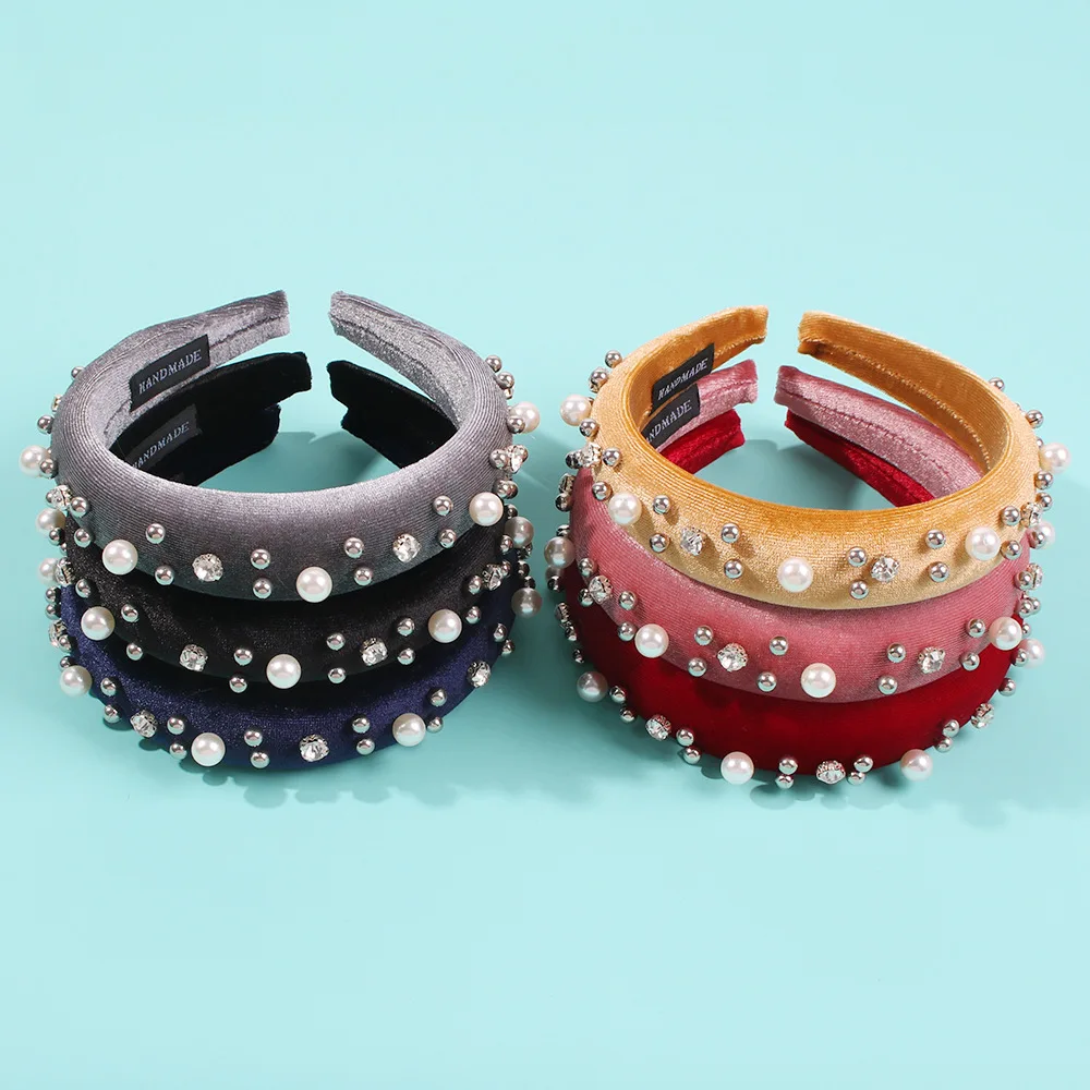 Thick Sponge Velvet Hairbands Pearl Crystal Headbands For Women Girls Head Bands Headwear Fashion Hair Bands Accessories