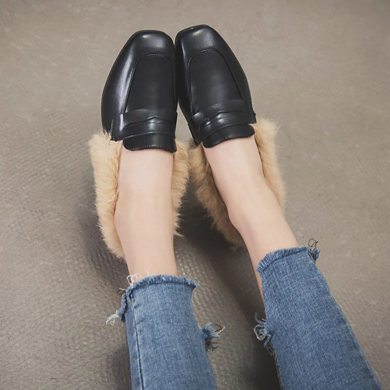square toe small leather shoes white soft leather fur shoes woman slip on moccasins brand chunky women espadrilles warm loafers
