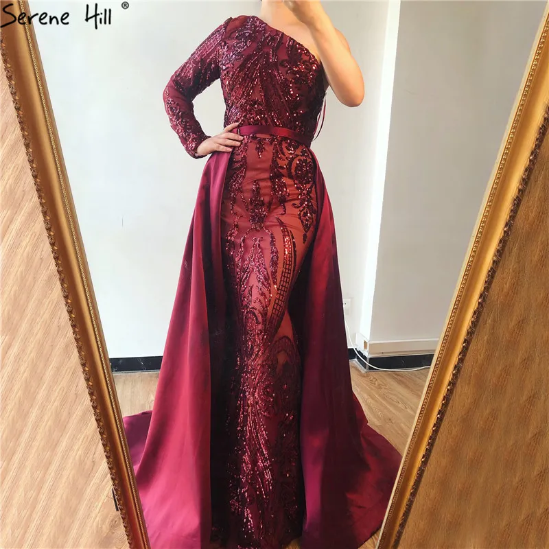 2020 Новое темно зеленое Русалка вечернее платье на одно плечо с длинным рукавом