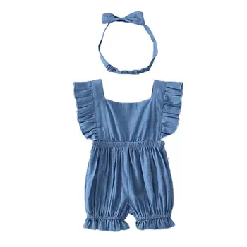 

Summer Newborn Baby Girls Sleeveless Denim Headband + Rompers
