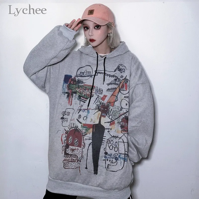 Lychee Harajuku повседневные свободные женские флисовые толстовки пуловеры граффити женские флисовые толстовки с капюшоном осенние дамские свитшоты