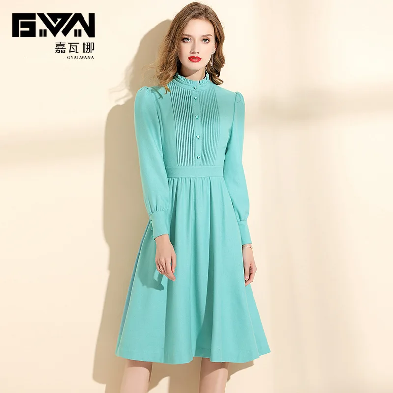 

GYALWANA Fall/winter High End Woolen Dress Women Mint Green Stand Collar A-line Vintage Long Sleeved Dresses