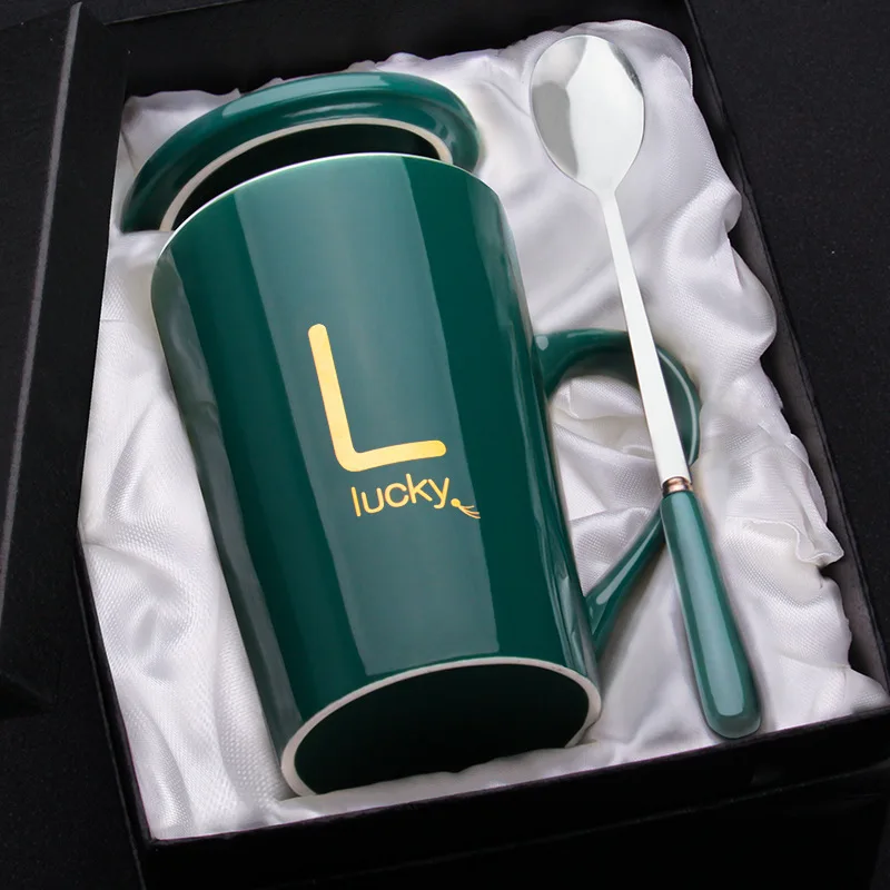 

GEEKHOM Ceramic Coffee Mugs with Gift Box and Spoon Brief Europe Style Letter Tea Milk Mug with Lid Couple Gifts Drinkware