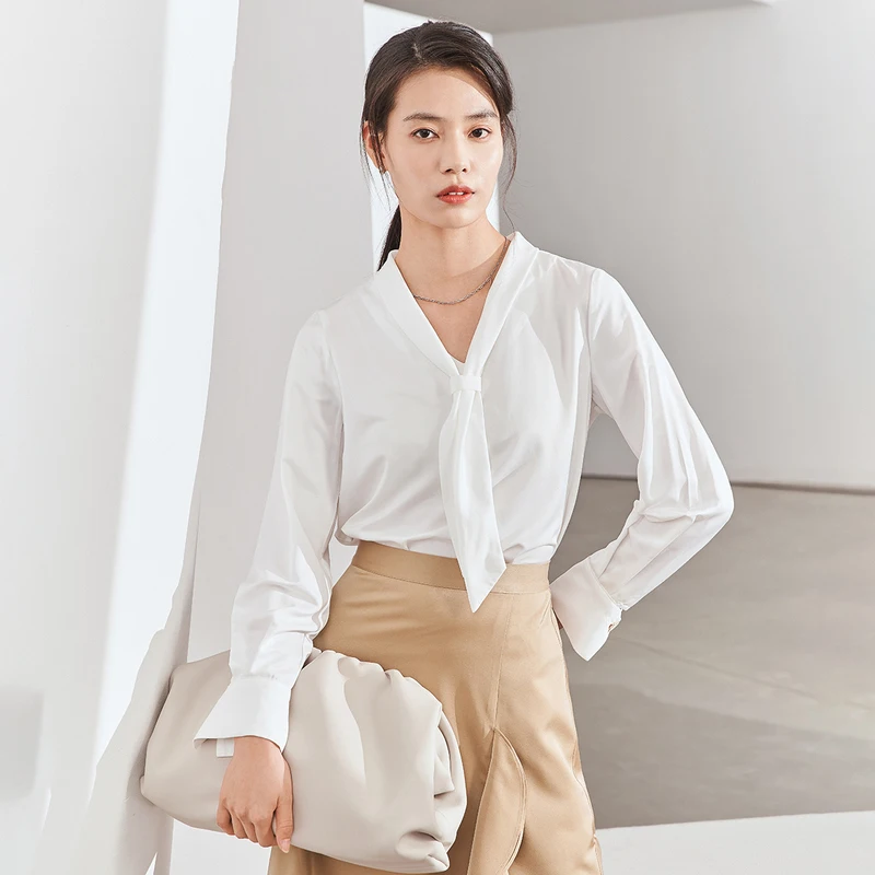 Najtaniej INMAN 2020 wiosna nowy nabytek artystyczne świeże styl prosty krawat V kołnierz ortopedyczny gładki materiał kobiety koszula bluzka