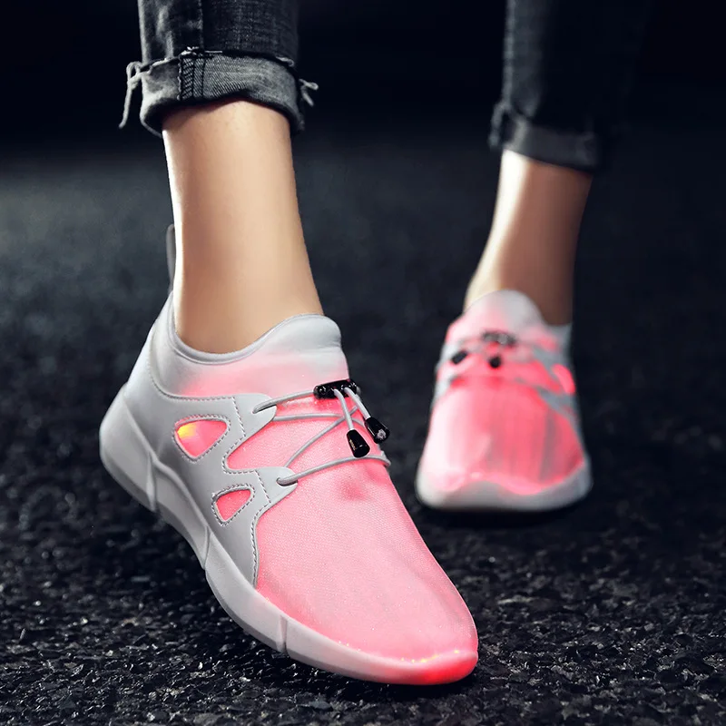 

2019 New Style White Black Size 25-37 LED Girls Boys Mesh Fiber Sneakers Shoes Light Up For Children