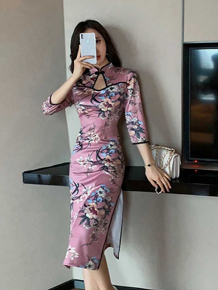Китайское платье с цветочным принтом, платье в восточном стиле, qipao, улучшенное, cheongsam, сексуальное, qipao, Платья для вечеринок, униформа для ночного клуба